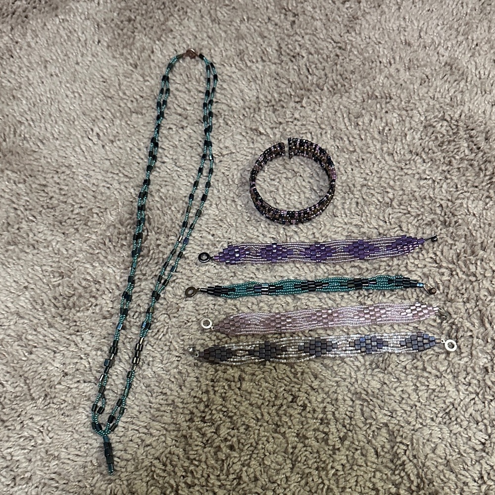 Handcrafted Beaded Necklace and Bracelet Set in Teal, Purple, and Black